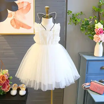 2022 Yaz Bebek Doğum Günü Elbise Bebek Kız Giysileri için Beyaz Elbise Prenses Elbiseler Parti Bebek Kostüm Örgü Etek
