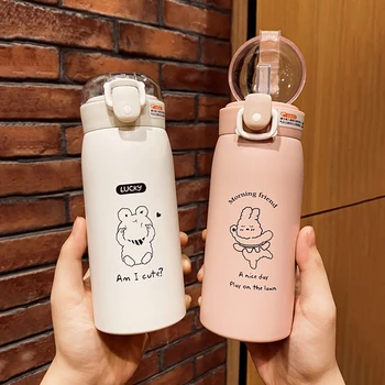 350/500 ml Sevimli Karikatür Çocuklar Saman termos şişe Paslanmaz Çelik Sıçrama Termos Taşınabilir Seyahat Termal Içme Suyu Bardağı