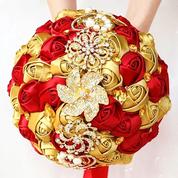 El yapımı Düğün Buketleri Altın Elmas Kırmızı Gül Çiçek Gelin Buketi Tutan Yapay İpek çiçekler Nedime W227Q