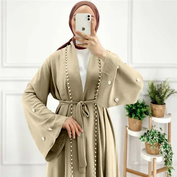 Sıcak Satış El Yapımı İnciler Boncuk müslüman çarşaf Zarif Saf Renk Uzun Müslüman Abayas Kadınlar Mütevazı Giyim Giyim BAYRAM Elbiseler WY004