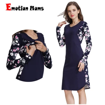 Emotion Anneler Kış hamile elbisesi Uzun Kollu Streç Pamuk Emzirme Elbise Moda Çiçek Kollu Stok Toptan