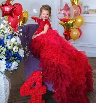 Kırmızı Kabarık Kızlar doğum günü elbiseleri Uzun Tren ile O Boyun Backless Küçük Prenses Parti Kıyafeti Özel Durum Fotoğrafçılığı için