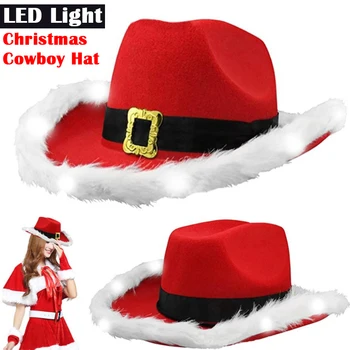 Led ışık Noel kovboy şapkaları Kırmızı Kadife Peluş Aydınlık Santa Şapka Kadın Erkek Cadılar Bayramı Cosplay Yeni Yıl Partisi Kap Tiara Dekor