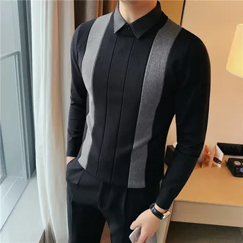 Yüksek Kalite Basit Moda Çizgili Eklenmiş Kazak Erkek Giyim 2022 Fake-2pieces İş Örme Kazaklar Siyah/Gri 4XL-M