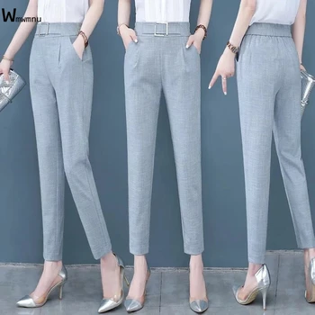 Rahat Elastik Bel Ofis Düz Pantolon Profesyonel Büyük Boy Fit Ayak Bileği Uzunlukta harem pantolon Metal Süslemeleri Takım Elbise Pantolon Kadın