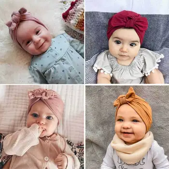 Ins Katı Bebek Pamuk Kasketleri Sevimli Ayı Kulak İlmek Türban Şapka Tatlı Yumuşak 0-4T Elastik Kapaklar Yenidoğan Erkek Bebek Kız Headwrap